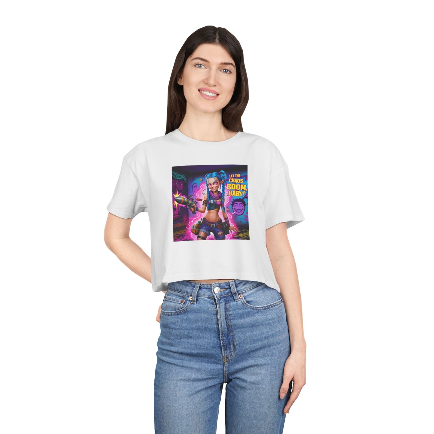 Jinx Unleashed Women's Crop Tee Arcane Series Neon Chaos Graphic T-Shirt, Explosives Design, Perfect Gift for Arcane Fans