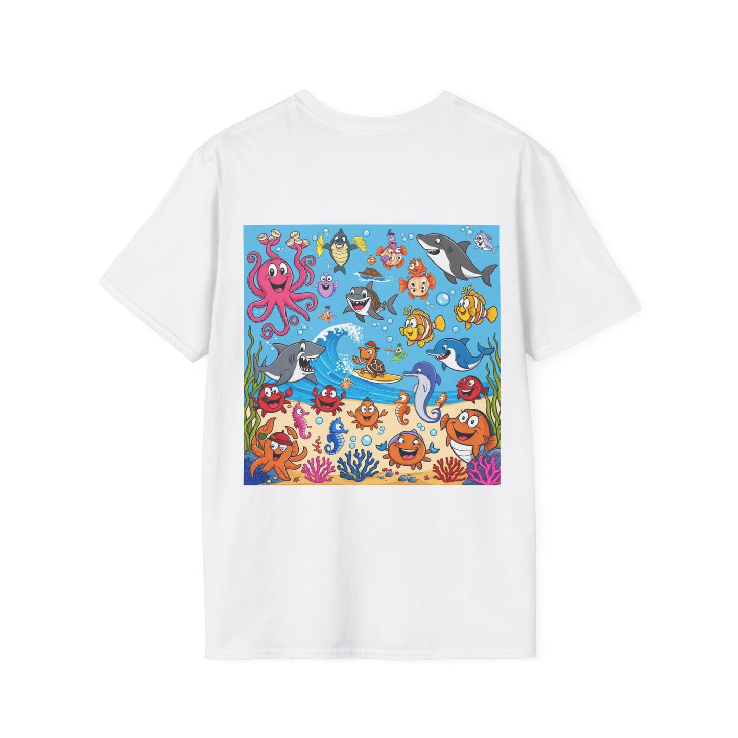 Funny Ocean Friends T-Shirt Vibrant Cartoon Sea Animals Underwater Scene Unisex Soft Style Tee