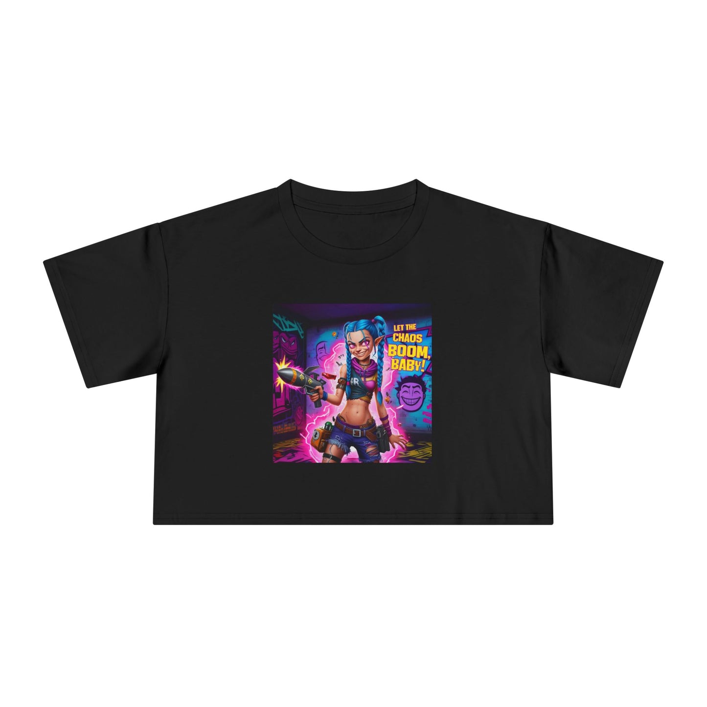 Jinx Unleashed Women's Crop Tee Arcane Series Neon Chaos Graphic T-Shirt, Explosives Design, Perfect Gift for Arcane Fans