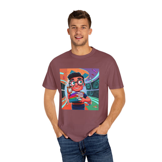Neon Time Travel Student T-Shirt, Back to School Cartoon Design with Distorted Clock & Books, Funky Holographic Graphic Tee, Unisex Casual Shirt