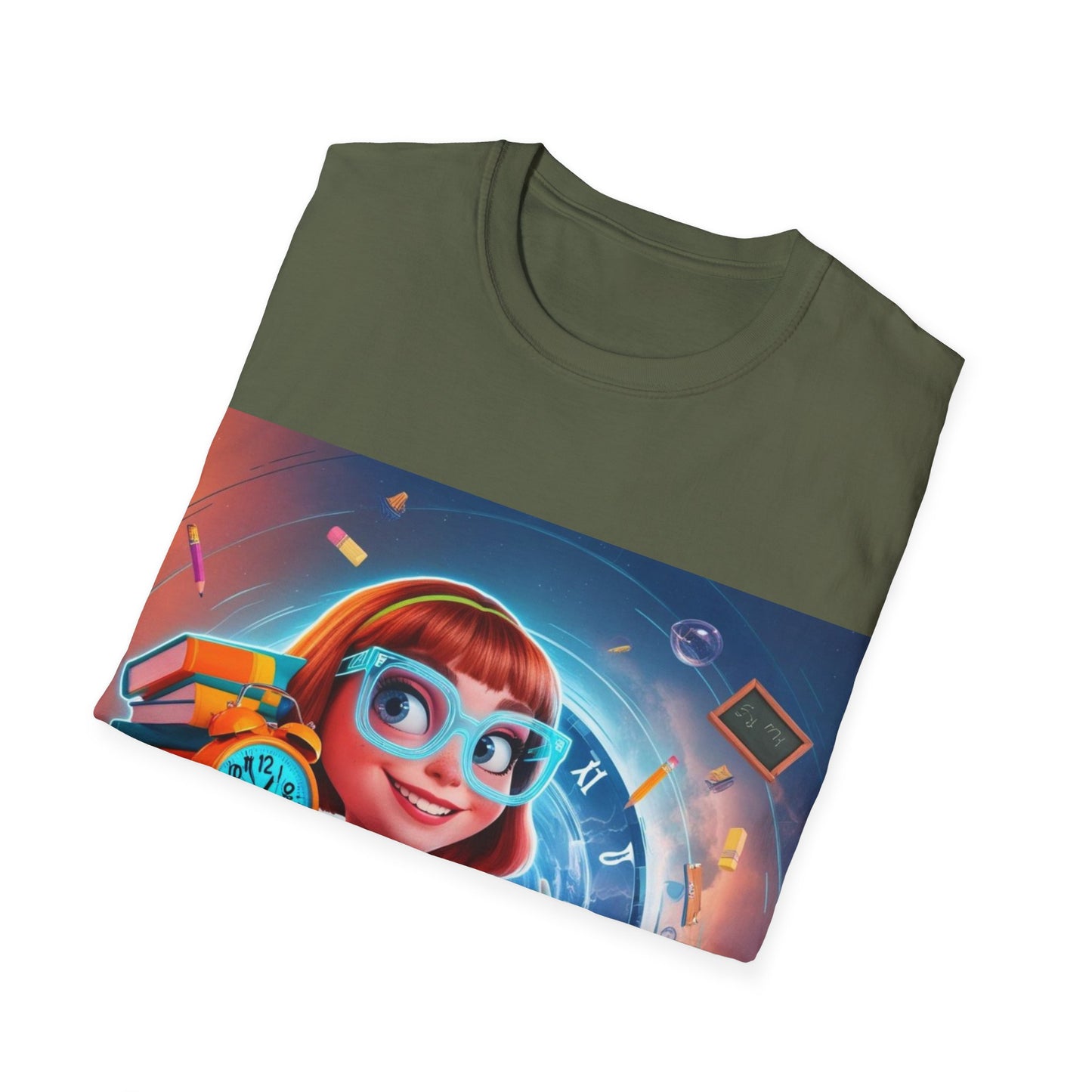 T-Shirt, Student Gift, Unisex Soft Style Tee, Time Travel Theme Shirt, Cool T-Shirt for All Ages, Neon Clock & Books