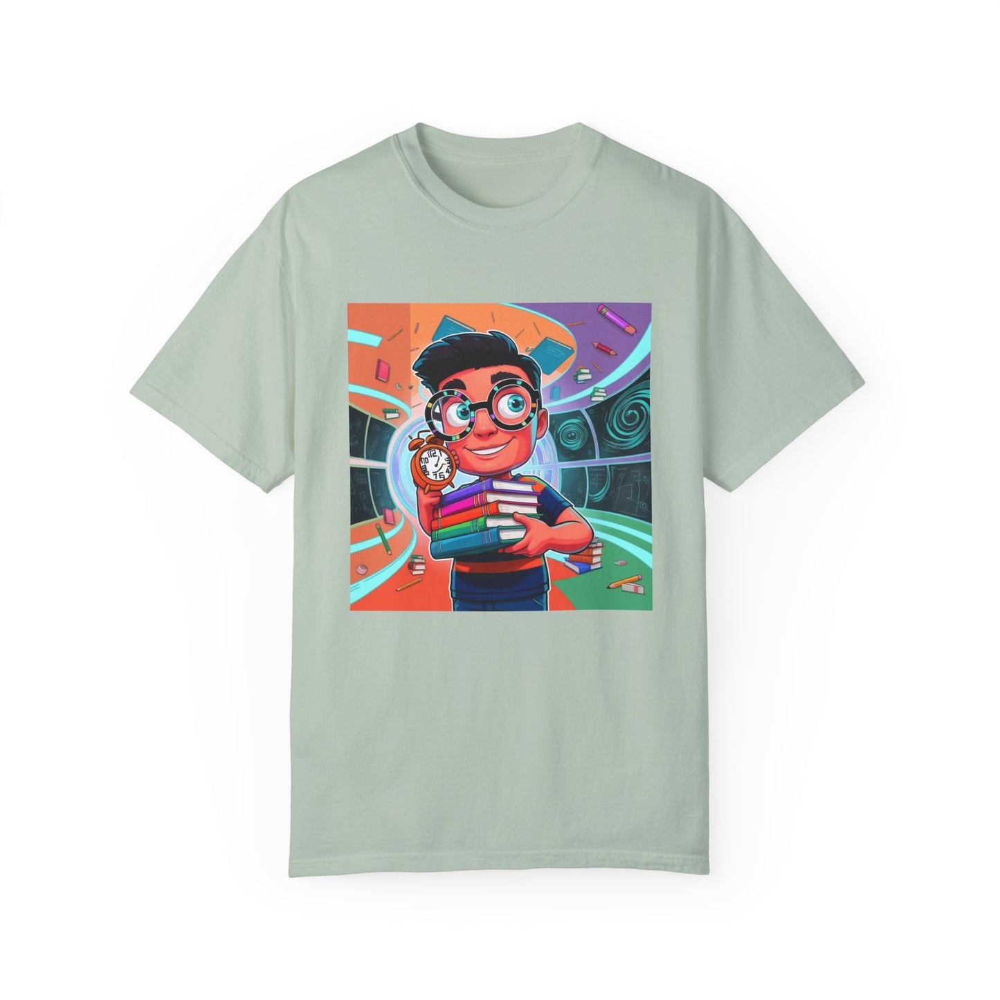 Neon Time Travel Student T-Shirt, Back to School Cartoon Design with Distorted Clock & Books, Funky Holographic Graphic Tee, Unisex Casual Shirt