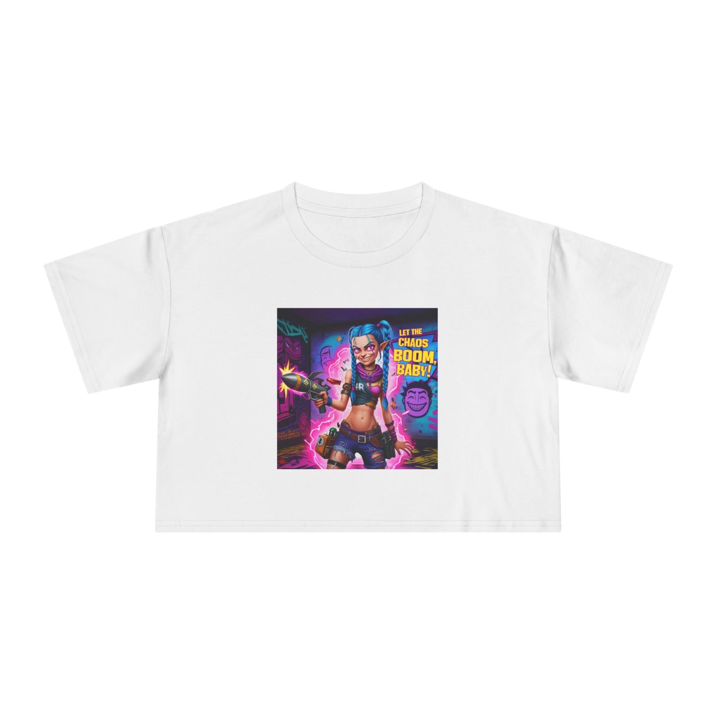 Jinx Unleashed Women's Crop Tee Arcane Series Neon Chaos Graphic T-Shirt, Explosives Design, Perfect Gift for Arcane Fans