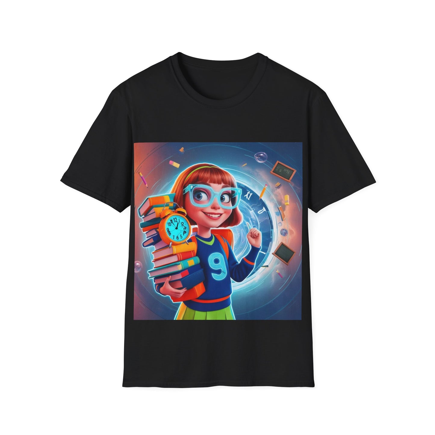T-Shirt, Student Gift, Unisex Soft Style Tee, Time Travel Theme Shirt, Cool T-Shirt for All Ages, Neon Clock & Books