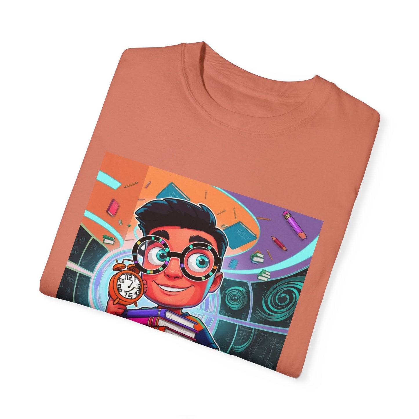 Neon Time Travel Student T-Shirt, Back to School Cartoon Design with Distorted Clock & Books, Funky Holographic Graphic Tee, Unisex Casual Shirt