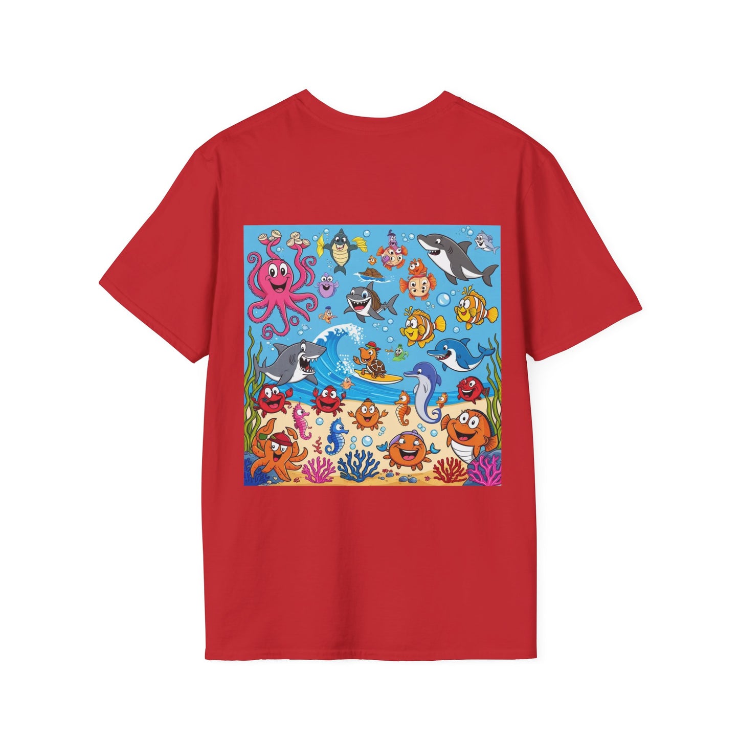 Funny Ocean Friends T-Shirt Vibrant Cartoon Sea Animals Underwater Scene Unisex Soft Style Tee