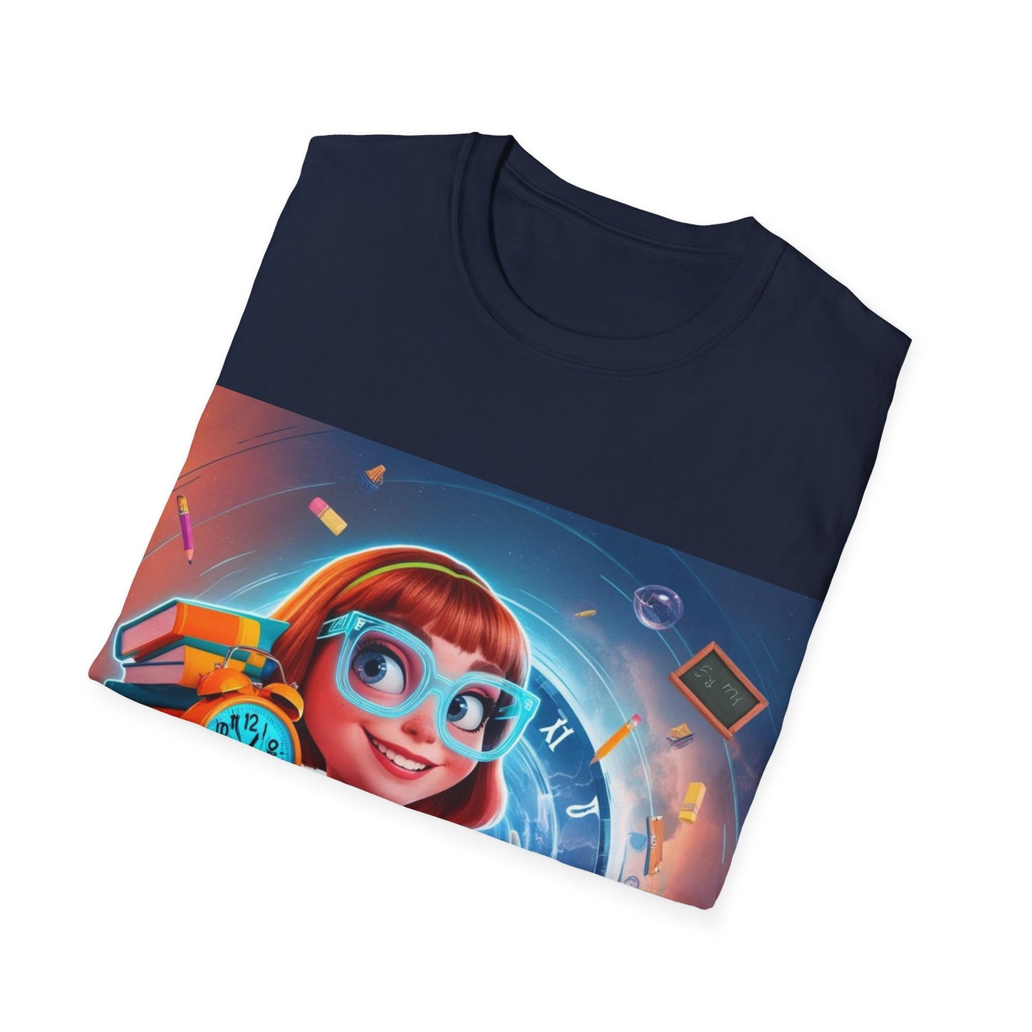T-Shirt, Student Gift, Unisex Soft Style Tee, Time Travel Theme Shirt, Cool T-Shirt for All Ages, Neon Clock & Books