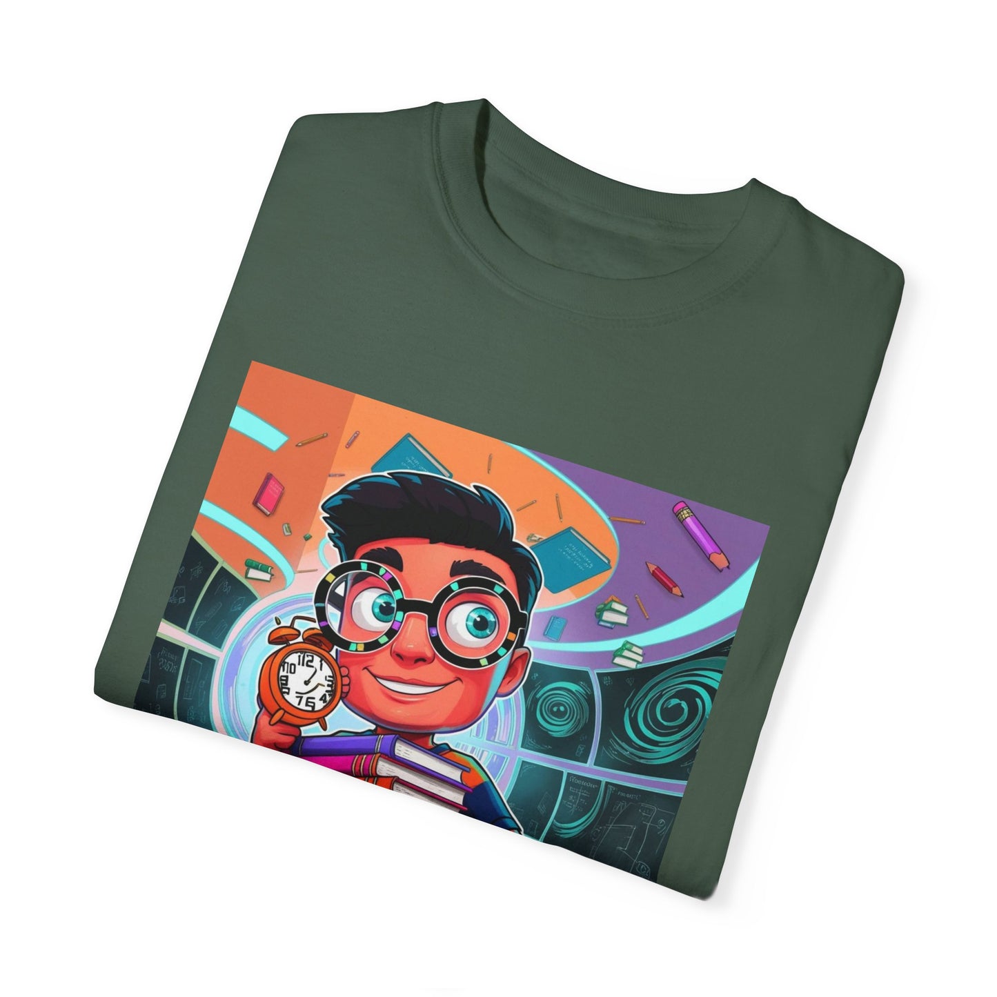 Neon Time Travel Student T-Shirt, Back to School Cartoon Design with Distorted Clock & Books, Funky Holographic Graphic Tee, Unisex Casual Shirt