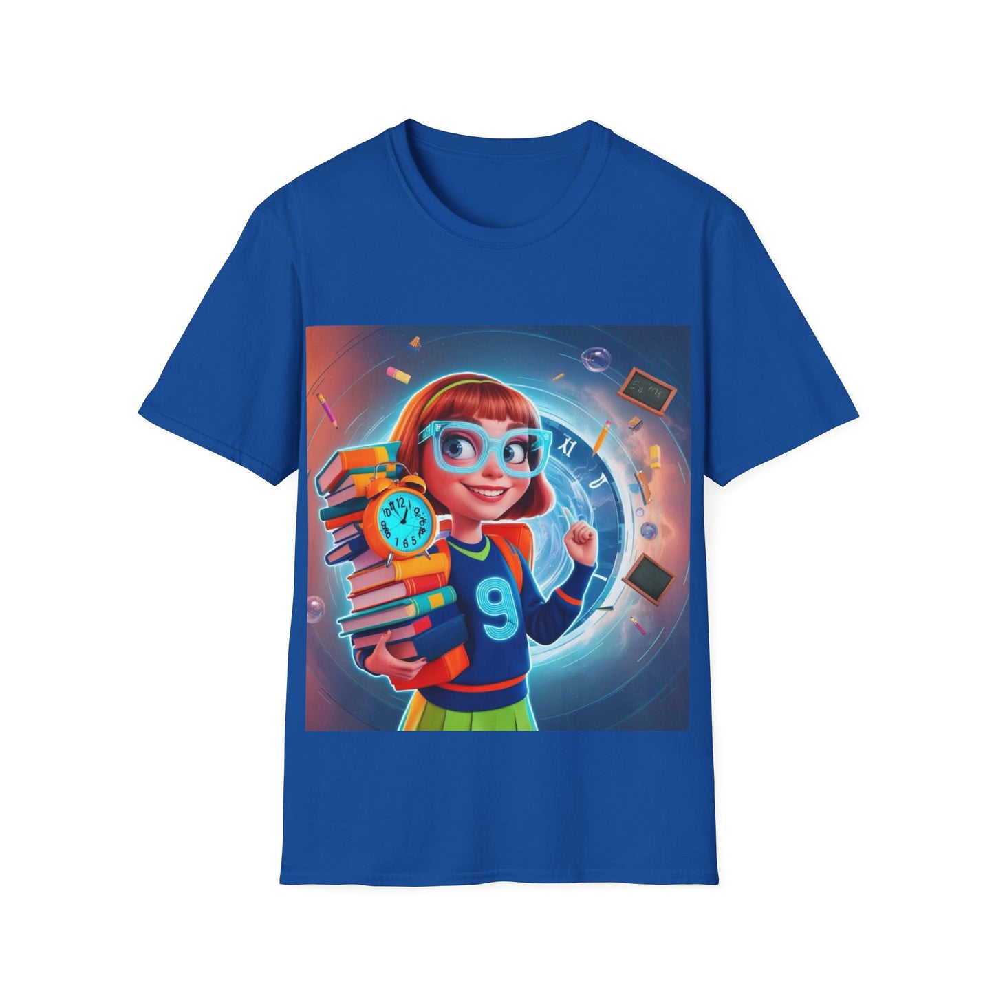 T-Shirt, Student Gift, Unisex Soft Style Tee, Time Travel Theme Shirt, Cool T-Shirt for All Ages, Neon Clock & Books