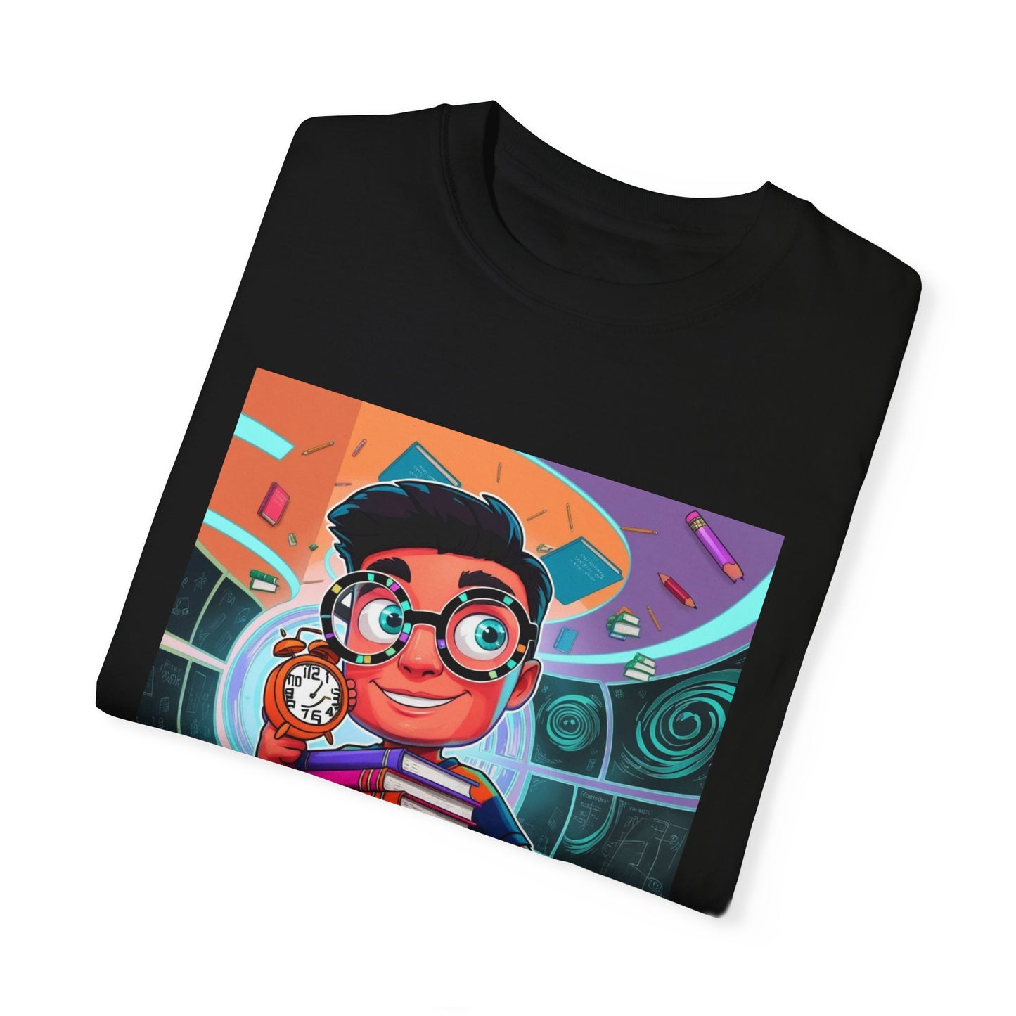 Neon Time Travel Student T-Shirt, Back to School Cartoon Design with Distorted Clock & Books, Funky Holographic Graphic Tee, Unisex Casual Shirt