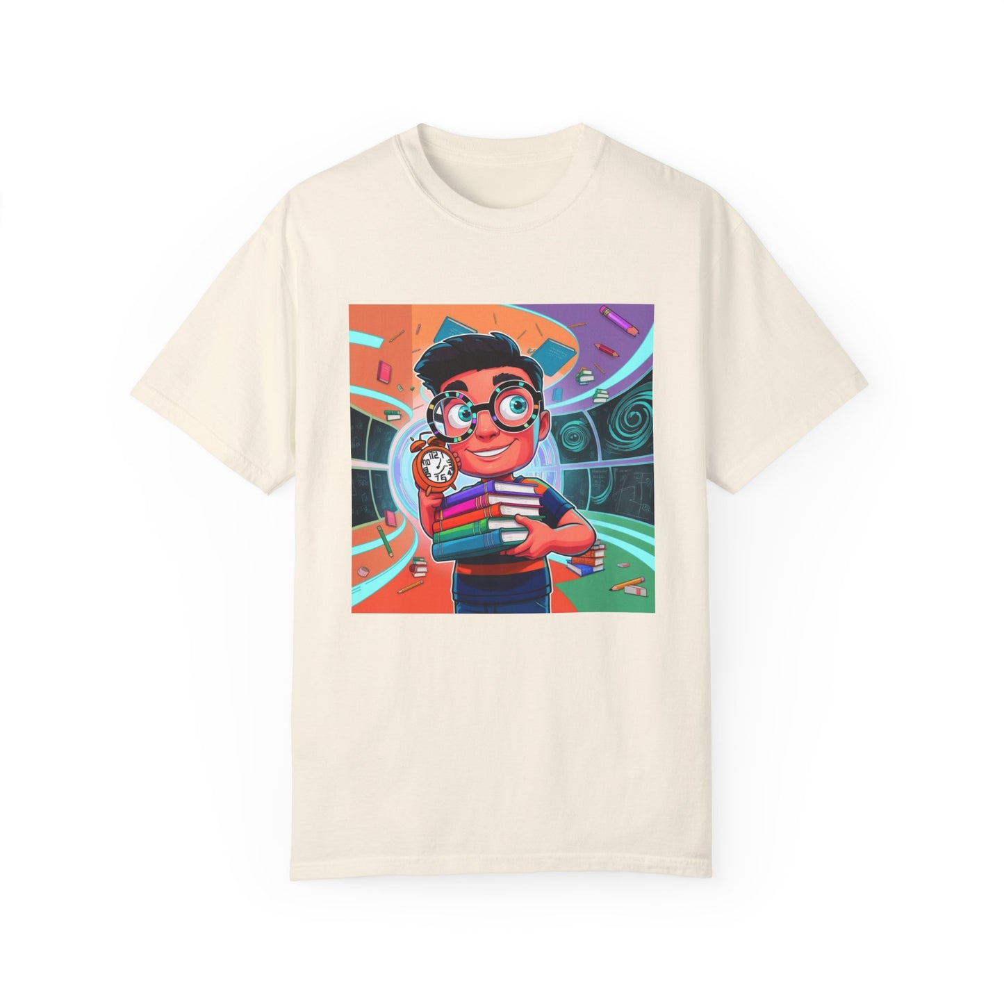 Neon Time Travel Student T-Shirt, Back to School Cartoon Design with Distorted Clock & Books, Funky Holographic Graphic Tee, Unisex Casual Shirt