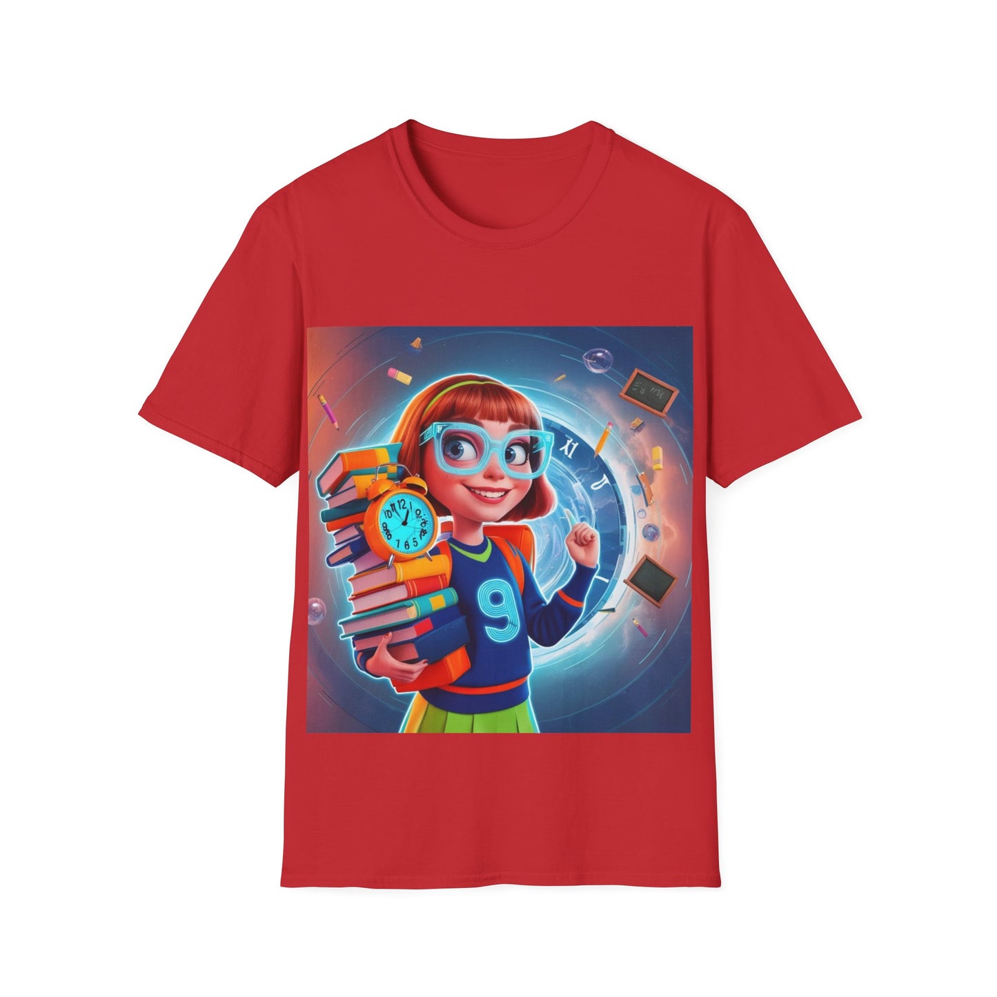 T-Shirt, Student Gift, Unisex Soft Style Tee, Time Travel Theme Shirt, Cool T-Shirt for All Ages, Neon Clock & Books