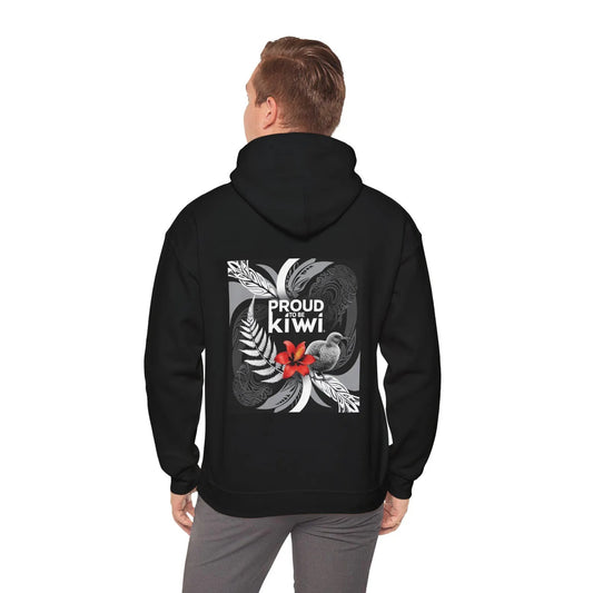 Kiwi Pride Hoodie: White Silver Fern, Kiwi Bird & Pohutukawa Flower Design – Perfect New Zealand Gift