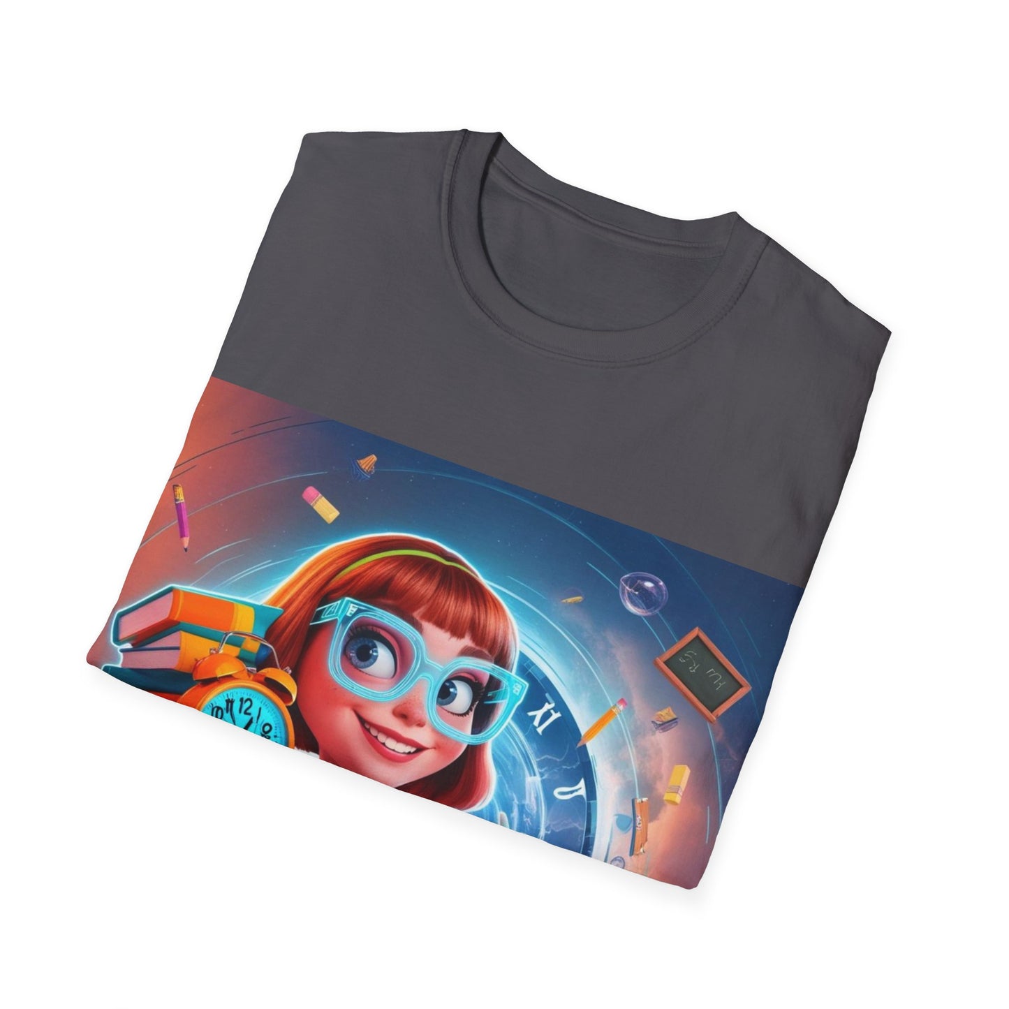 T-Shirt, Student Gift, Unisex Soft Style Tee, Time Travel Theme Shirt, Cool T-Shirt for All Ages, Neon Clock & Books