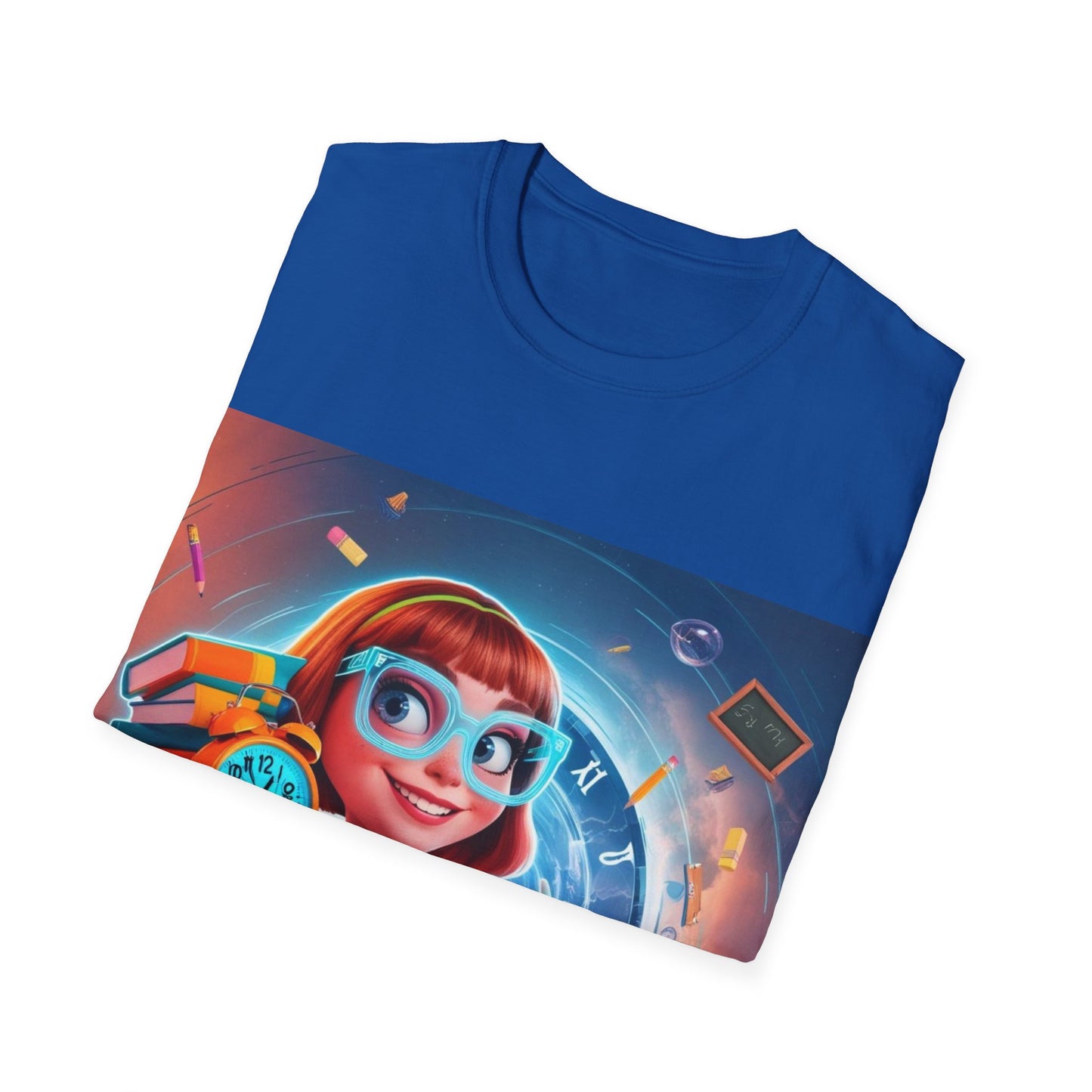 T-Shirt, Student Gift, Unisex Soft Style Tee, Time Travel Theme Shirt, Cool T-Shirt for All Ages, Neon Clock & Books