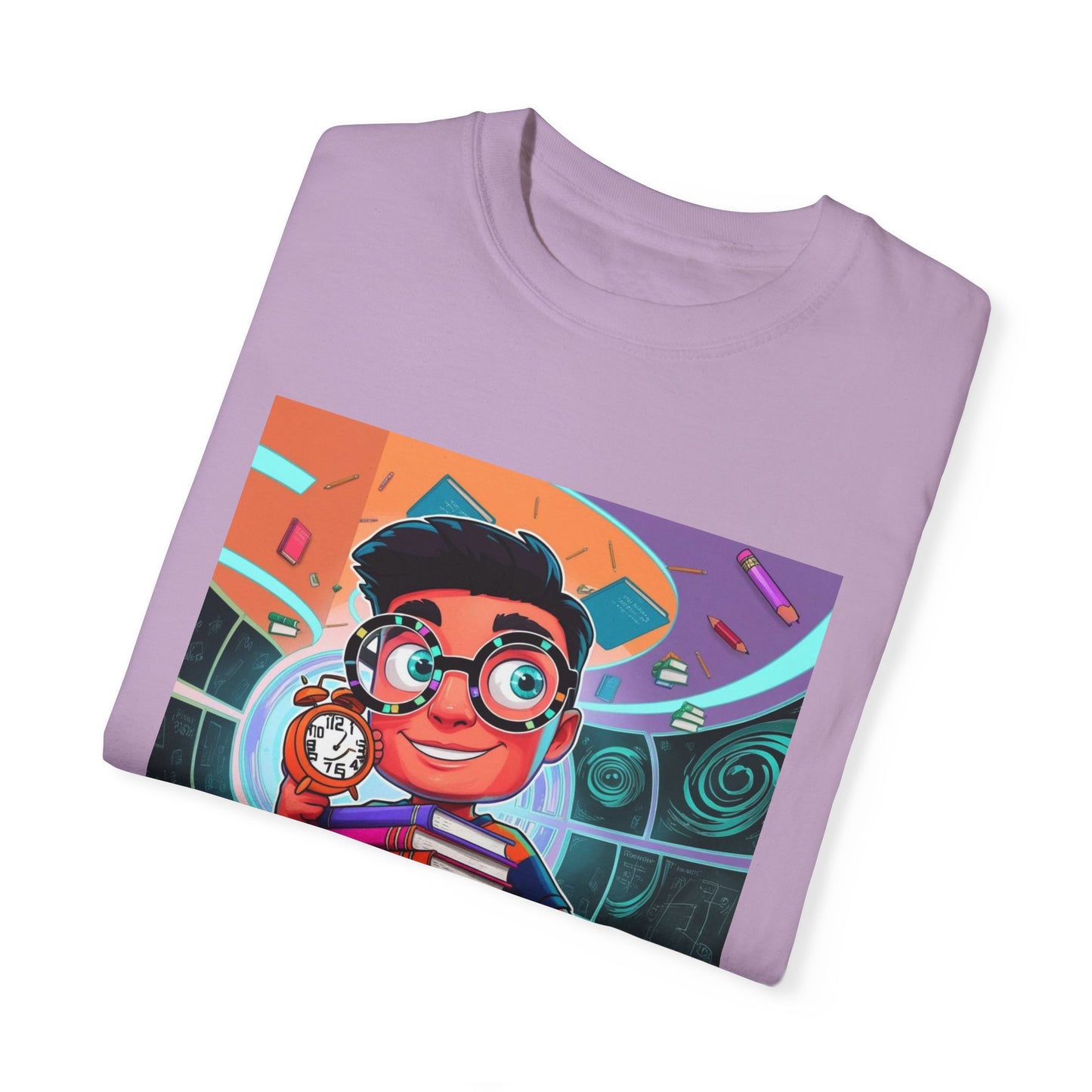 Neon Time Travel Student T-Shirt, Back to School Cartoon Design with Distorted Clock & Books, Funky Holographic Graphic Tee, Unisex Casual Shirt