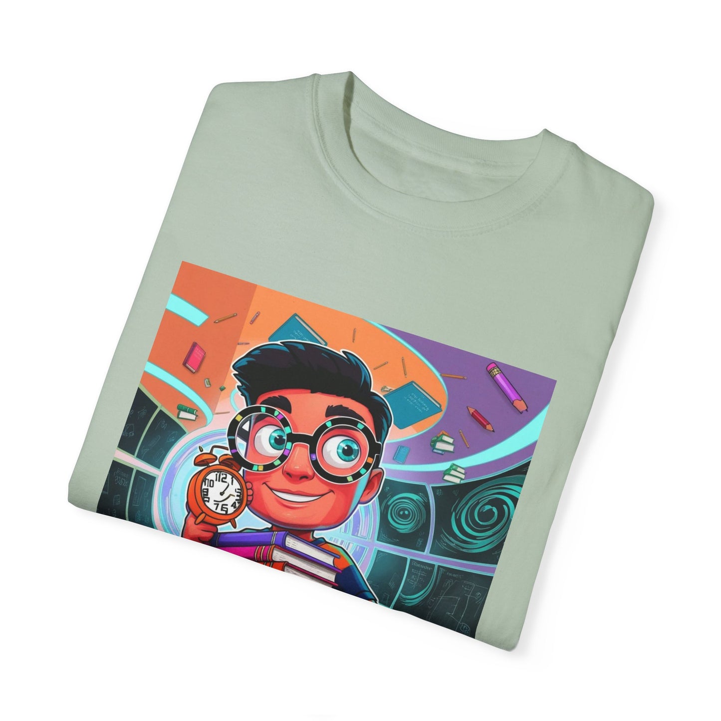 Neon Time Travel Student T-Shirt, Back to School Cartoon Design with Distorted Clock & Books, Funky Holographic Graphic Tee, Unisex Casual Shirt