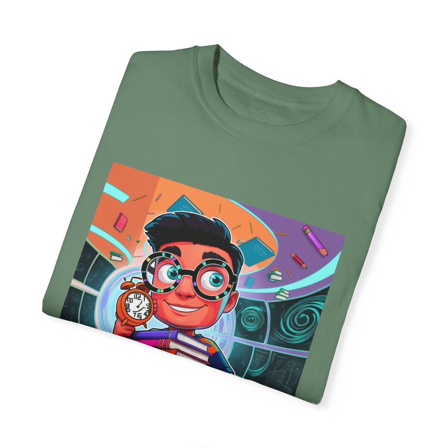 Neon Time Travel Student T-Shirt, Back to School Cartoon Design with Distorted Clock & Books, Funky Holographic Graphic Tee, Unisex Casual Shirt