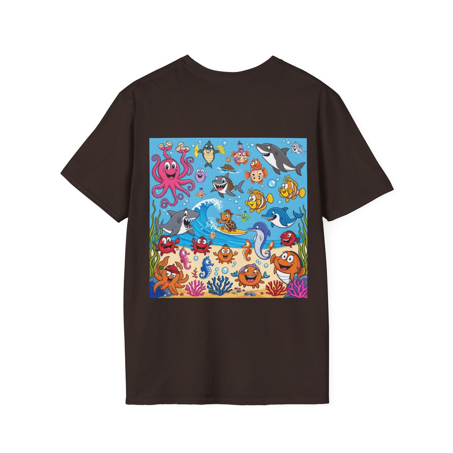 Funny Ocean Friends T-Shirt Vibrant Cartoon Sea Animals Underwater Scene Unisex Soft Style Tee